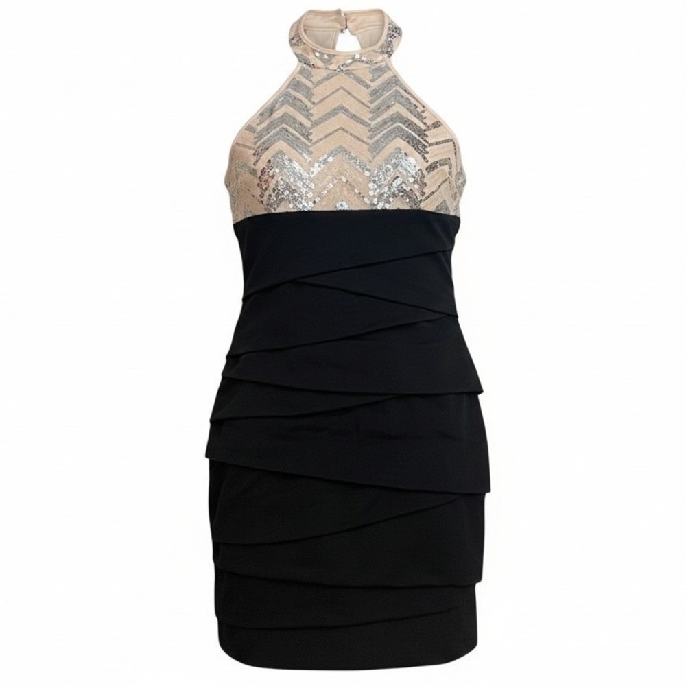 Deb Vintage Y2K Cocktail Dress Women Small Black Pink Sequin Halter Glam Club